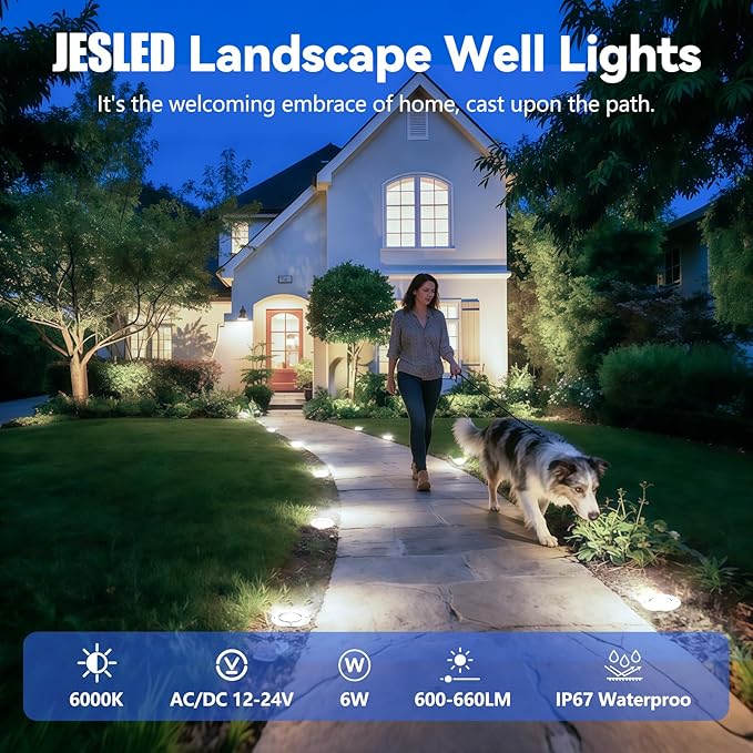 JESLED Low Voltage Landscape Lights 6W LED Well Lights IP67 Waterproof 6000K Bright White In-Ground Lights with Wire Connectors for Pathway Deck Patio Yard Garden (12 Pack)
