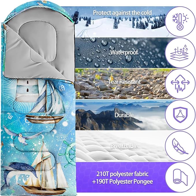 Sleeping Bags for Adults Youth Kids3D Printing Camping Sleeping Bag for Girls Boys Lightweight Waterproof Cold/Warm Weather Sleeping Bag for 3 Seasons