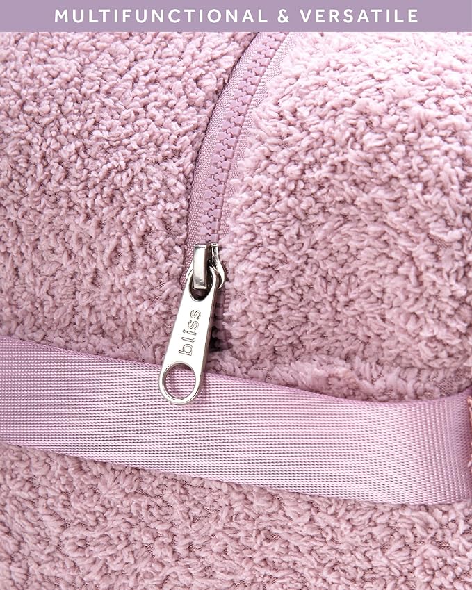 Bliss Womens Travel Blanket Set - 4 Piece Plush Microfiber Packable Travel Blanket with Relaxing Sleep Mask Carry On Case and Satin Hair Tie Pink Gaze