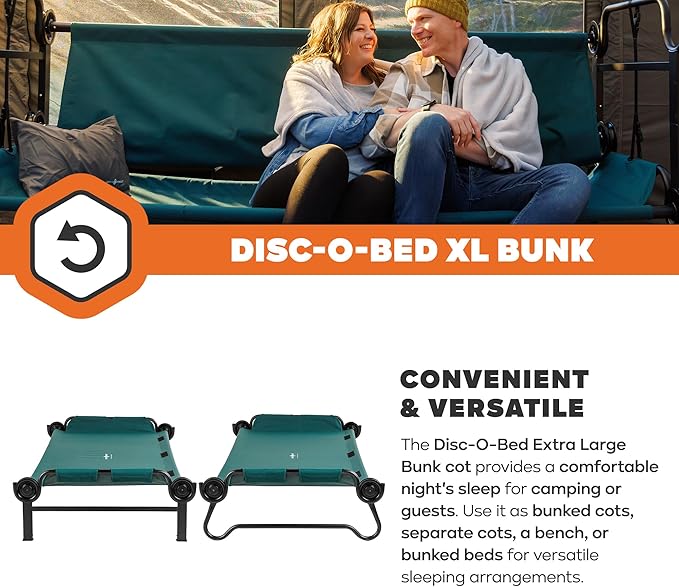 Disc-O-Bed Extra Large Portable Bunk Camping Cots with Carry Bags - Heavy-Duty Indoor or Outdoor Sleeping System Converts to Bench or Separate Beds 500 lb Weight Capacity Per Cot Green