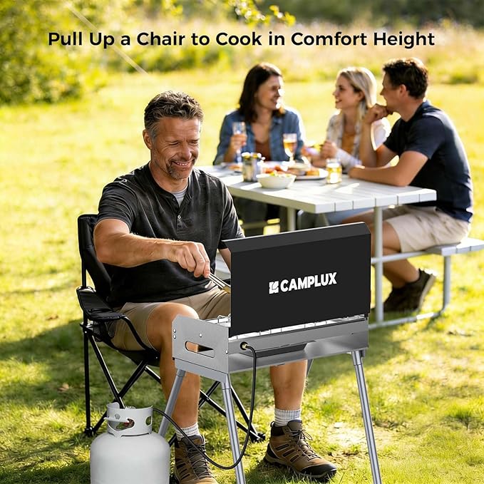 CAMPLUX 2 Burners &amp 1 Grill Propane Camping Stove 15000 BTU Portable Outdoor Propane Camping Grill Burner with Free Standing Legs Auto-Ignition Gas Stove with Regulator Black