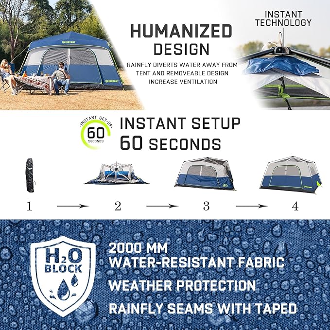 4/6/8 Person Instant Tent Waterproof Pop Up Tents for Camping with Rainfly 60 Seconds Easy Setup Automatic Cabin Tent for Family Camping with Expandable Carry Bag &amp Upgraded Ventilation