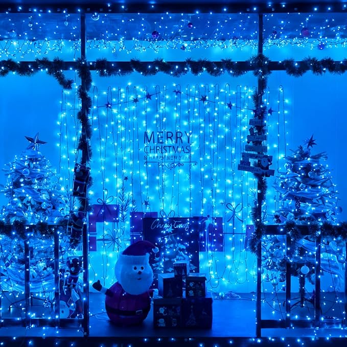 YEGUO Christmas Lights Battery Operated 2 Pack Each 33ft 100 LED Blue String Lights Outdoor Waterproof 8 Modes Green Wire Fairy Light Indoor with Remote
