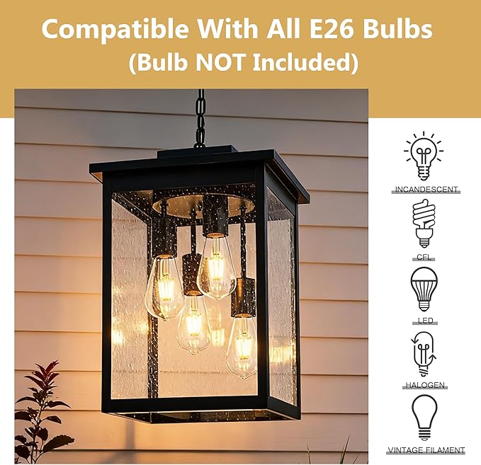 TODOLUZ 4-Lights Large Outdoor Pendant Light Fixture Farmhouse Waterproof Black Porch Hanging Lighting with Adjustable Chain Seeded Glass Panel &amp E26 Bulb Base for Patio Garden Entryway