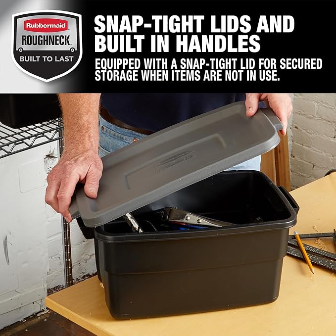 Rubbermaid 6-Pack Heavy Duty Durable 3 GAL Totes for Storage with Snap Lids and Handles Plastic Storage Bins Stackable Black Gray for Home and Garage (3 GAL - 6 Pack Solid Black and Grey)