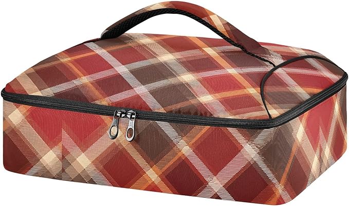 Casserole Carrier Red and Brown Tartan Pattern Insulated Casserole Carrier for Hot or Cold Food Thermal Lunch Tote for Parties Picnic Travel Carry Bag