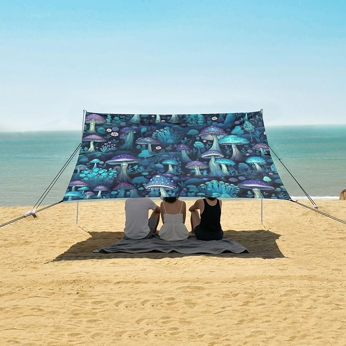 Blue Mushrooms Beach Tent Sun Shelter 9.2' x 10.5' Beach Canopy with 4 Sandbags 4 Stability Poles Sand Shovels - Tent Canopy for Beach Camping Fishing Picnics