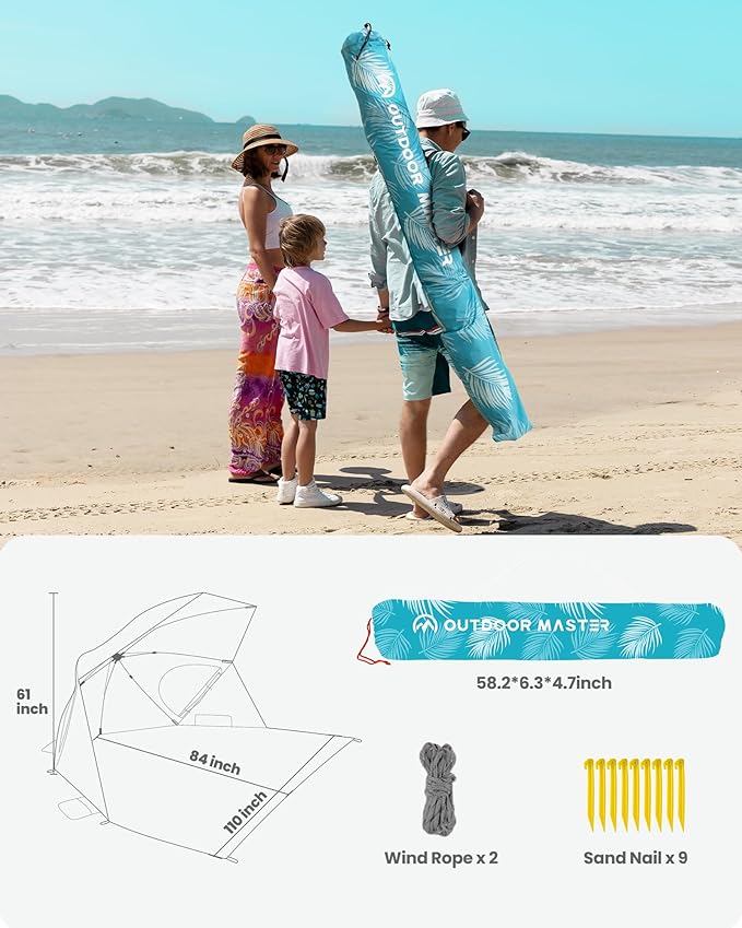 OutdoorMaster Pop Up Beach Umbrella Portable Beach Tent Shelter Beach Shade Sun Canopy with UPF 50+ UV Protection Extendable Floor with Carrying Bag