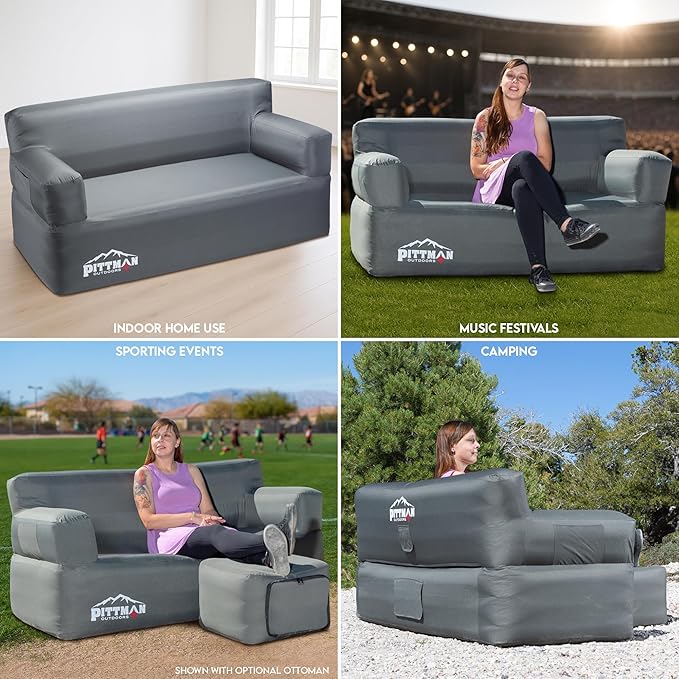 Pittman - Inflatable Couch with Built in Pump for Outdoors &amp Indoors - Blow Up Couch for Camping Glamping or Home use has Heavy Duty Puncture Resistant Fabric for Inflatable Sofa Comfort &amp Du
