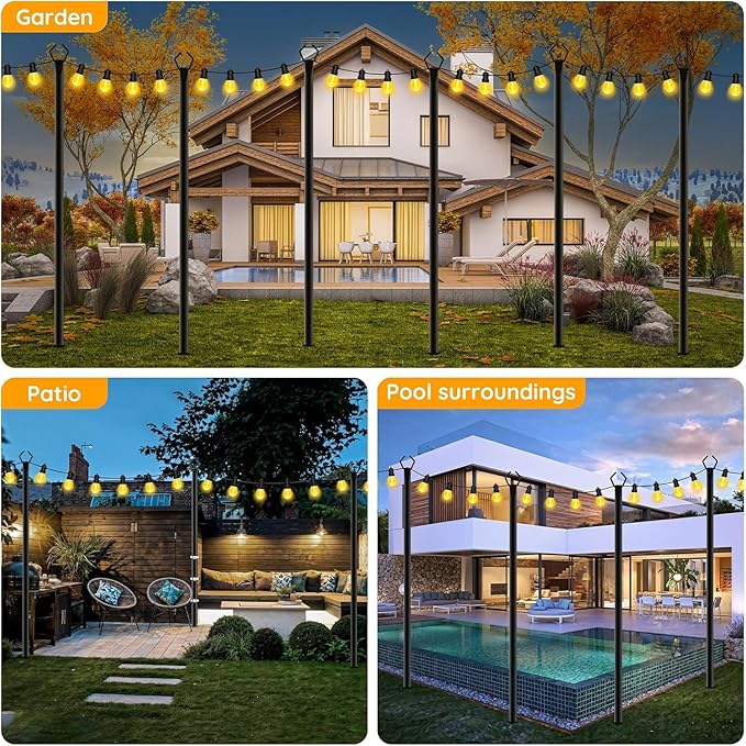 6 Pack String Light Poles Outdoor String Light Pole 10 ft Forked Metal Light Pole with Adjustable Outdoor Light Stand Deck Backyard Garden Wedding Rustproof and Sturdy with Hooks.