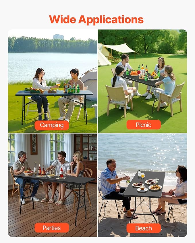 VEVOR Folding Table Heavy Duty Portable Fold-in-Half Utility Table Indoor Outdoor Plastic Rectangle Table with Built in Handle for Party Dining Wedding Events Picnic Camping 6 ft Black