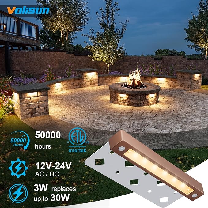 VOLISUN 24 Pack 7 Inch Retaining Wall Lights Waterproof LED Hardscape Lighting Cuttable Low Voltage Landscape Lighting 12V Paver Lights 3W Outdoor Step Lights 2700K Soft White ETL