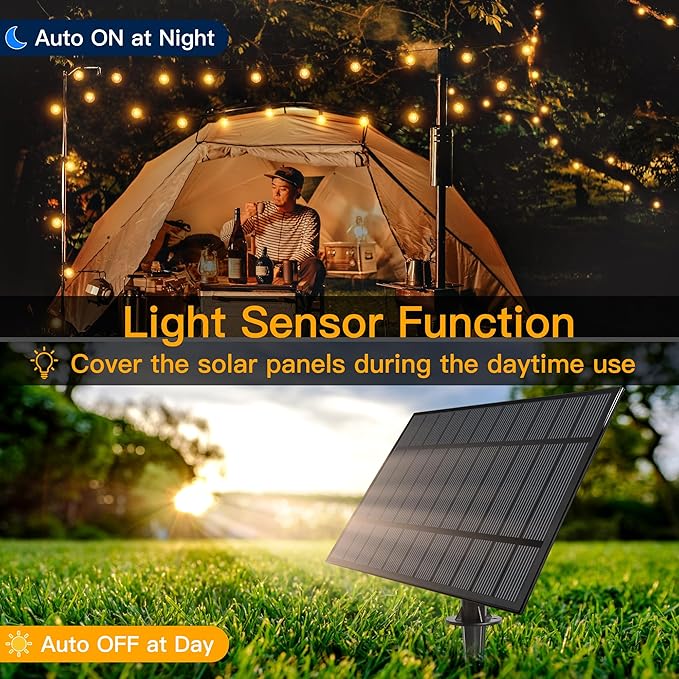 Ollny 35FT Solar Patio Lights Waterproof Remote Control Dimmable Timers 3Modes Outdoor Light with 15 LED + 1 Spare Shatterproof Bulb G40 String Lights for Outside Camping Backyard Tree Bistro