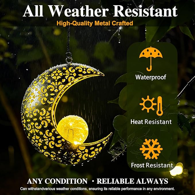 Solar Garden Hanging Moon Lights Outdoor DecorMetal Lanterns Art Decorations for Outside Yard Lawn Patio Wall Fences Driveway TrailUnique Housewarming Gardening Gifts for Women Mom