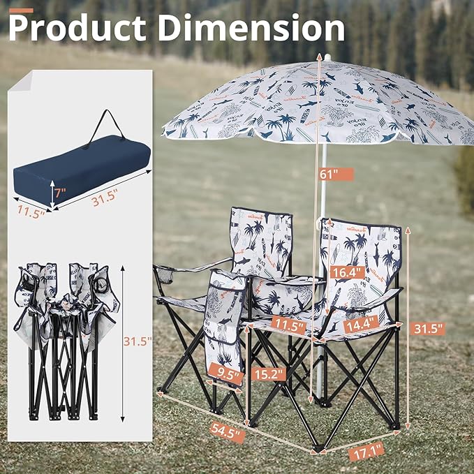 Vasitelan Double Camping Chair with Umbrella Folding Loveseat Chairs w/Canopy Shade Carrying Bag Table Cup Holder Portable Beach Chairs Outdoor Picnic Patio (Colorful)