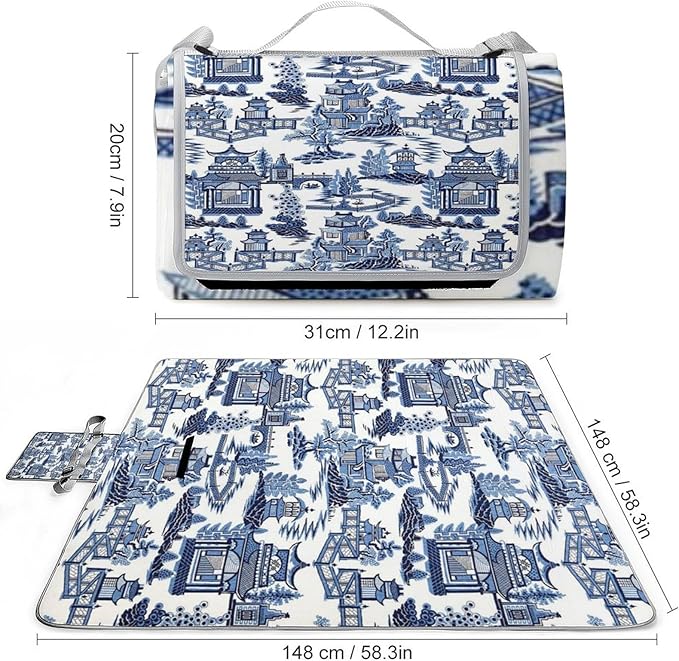 Blue and White Chinese Folk Chinoiserie Style Waterproof Outdoor Picnic Blanket Sandproof Beach Mat for Camping Hiking Grass Travelling