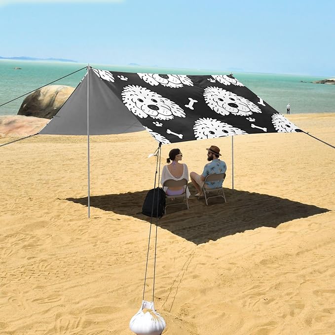ALAZA White Dogs with Bones Beach Tent Sun Shelter UPF50+ Protection Beach Shade Canopy w/ 4 Sandbags for Outdoor Camping Fishing Backyard Fun Picnic 10x9 ft