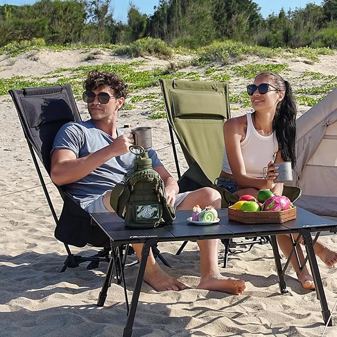 MOON LENCE High Back Folding Camping Chairs Adjustable Height Beach Chair with Anti-Sinking Feet &amp Widened Seat (Khaki)