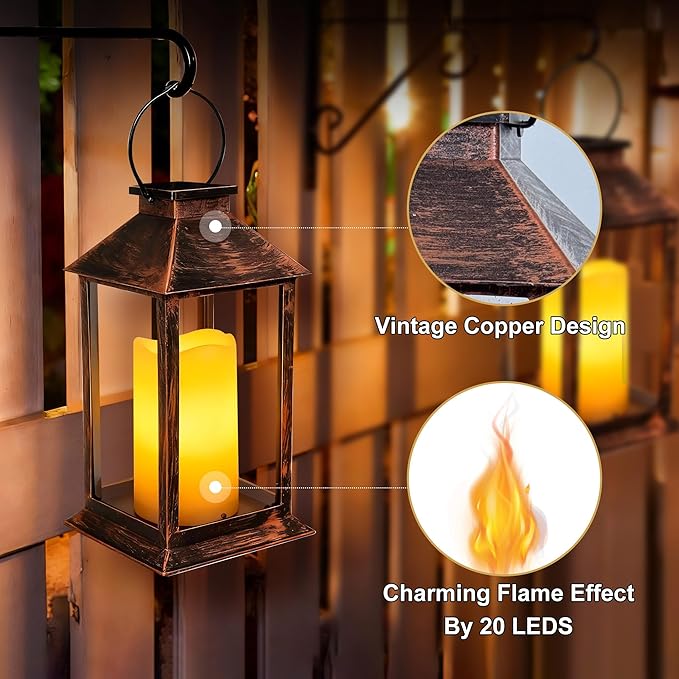 2 Pack 14 Inch Solar Lanterns Outdoor Waterproof with Flickering Flameless Candles Outdoor Garden Hanging Lantern Decorative for Patio Front Porch Backyard Balcony Cabin Outside Table
