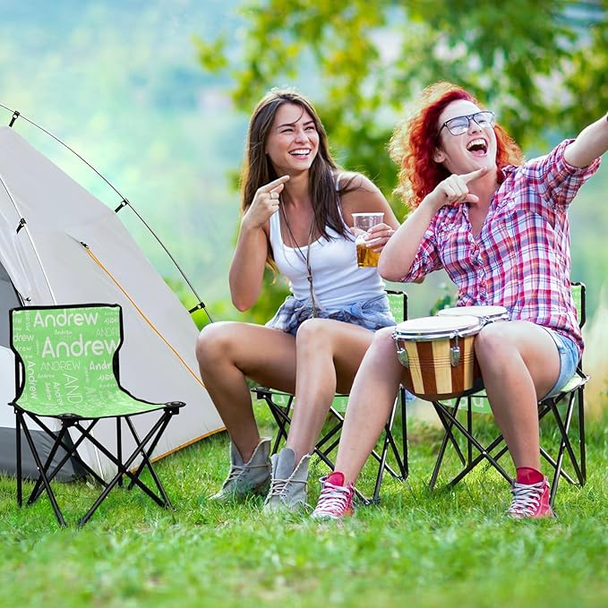 Sinestour Pale Green Custom Folding Camping Chair for Teen Child Personalized Name 14.6×14.6in Portable Outdoor Chair with Carry Bag for Picnic Lawn Travel