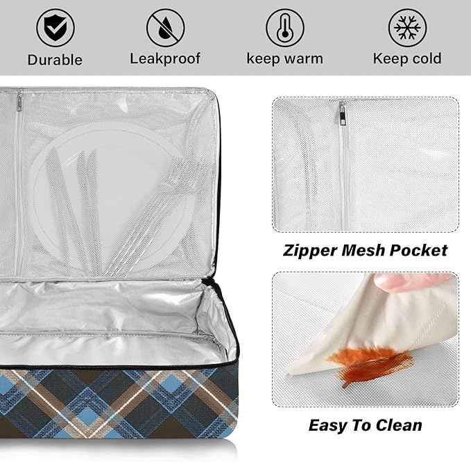 Casserole Carrier Blue Brown Tartan Plaid Insulated Casserole Carrier for Hot or Cold Food Thermal Lunch Tote for Parties Picnic Travel Carry Bag