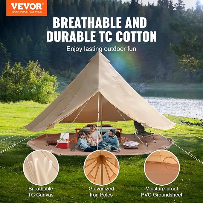VEVOR Canvas Tent Bell Yurt 4 Seasons for Camping with Stove Jack Breathable Holds up to 4 People Family Camping Outdoor Hunting Party