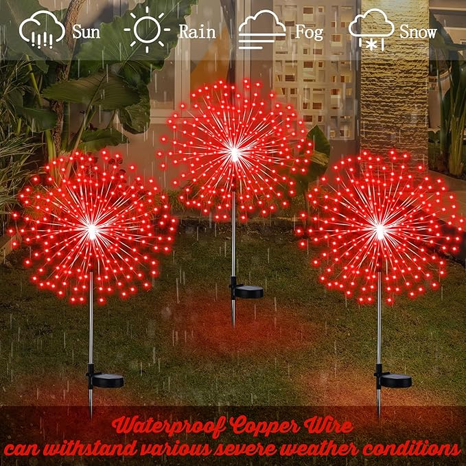 6 Pcs Christmas Solar Firework Stake Lights 180 LED 8 Modes Solar Waterproof LED Sparkler Lights Outdoor Decoration for 4th of July Xmas Holiday Garden Patio Yard Pathway Walkway Red