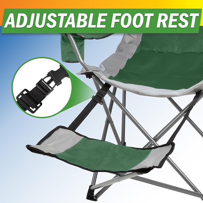 Camping Chair with Foot Rest - 300lb Capacity Beach Chair with Footrest Cupholder and Cooler Pouch - Portable Chair by Wakeman Outdoors (Green)