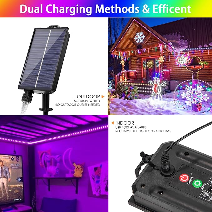 33FT Solar Rope Lights Outdoor Waterproof 18 Colors Changing Fairy String Light USB &amp Solar Powered with Remote 100 LEDs Multicolor Trampoline Light Rope Lighting for Outside Christmas Party