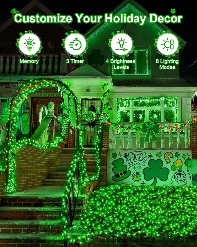 St Patricks Day Decorations 355 FT 900 LED Green Lights Extra Long Outdoor String Lights Waterproof Timer &amp Memory 8 Modes Dimmable Plug in Fairy for Outside Tree Patrick's Day Decor
