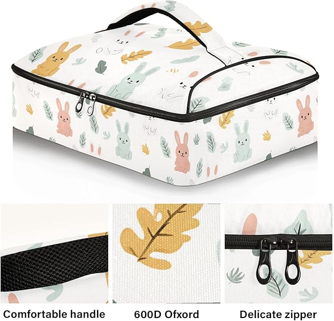 Casserole Carrier Cute Rabbits PatternInsulated Casserole Carrier for Hot or Cold Food Thermal Lunch Tote for Potluck Parties Picnic Beach Fits 9 x 13 Inches Baking Dish