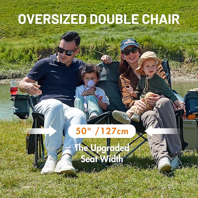TIMBER RIDGE Oversized Double Camping Chairs Camping Couch 2 Person Camping Loveseat Double Folding Camp Chair with Wine Glass Holder Portable Chair for Outdoor Lawn Chairs Indoor Supports 600LBS