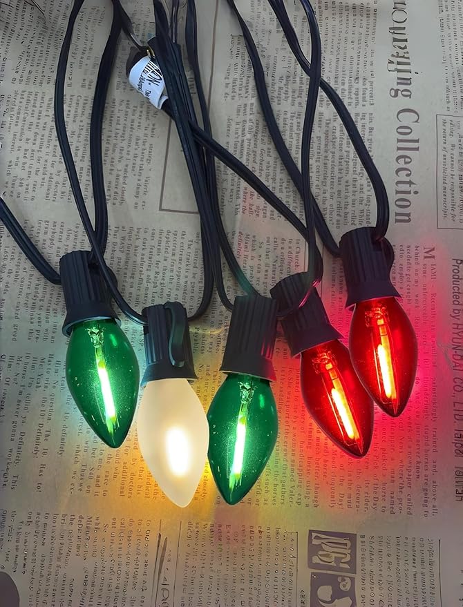 25FT Red Green White Christmas LightsMulticolor LED C7 Christmas String Lights with 27 LED BulbsDimmable Hanging Lights Candle for Outside Porch Garden Roofline Party Decor