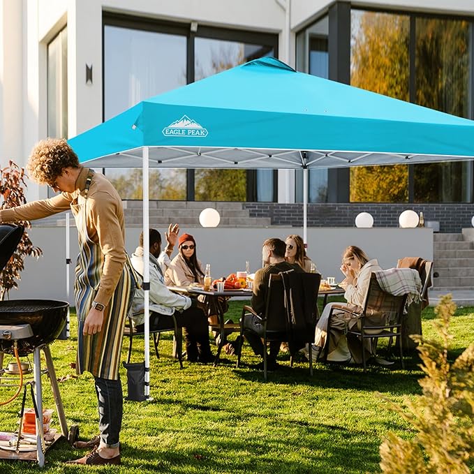 EAGLE PEAK Pop Up Canopy Tent with Wheeled Carry Bag 8 Stakes 4 Ropes 4 Weight Bags Easy Set Up Tent Canopy 12x12 ft 144sqft of Shade Light Blue
