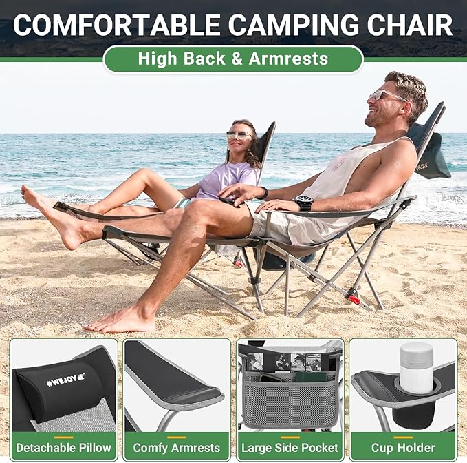 #WEJOY 2-in-1 Reclining Camping Chair Lightweight Folding Camping Chair with Adjustable Backrest &amp Footrest Camping Lounge Chair with Headrest Cup Holder Storage Bag for Beach Lawn Concert