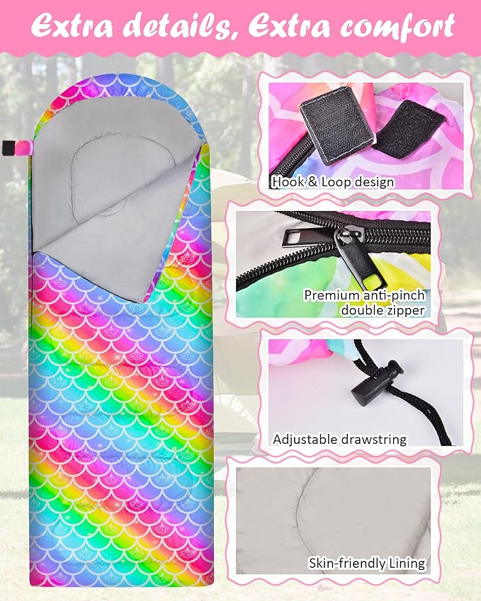 Sleeping Bags for Kids 3 Season Waterproof Sleeping Bag with Carry Bag for Camping Hiking Rainbow Unicorn