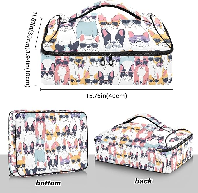 Casserole Carrier Cute Bulldog PatternInsulated Casserole Carrier for Hot or Cold Food Thermal Lunch Tote for Potluck Parties Picnic Beach Fits 9 x 13 Inches Baking Dish