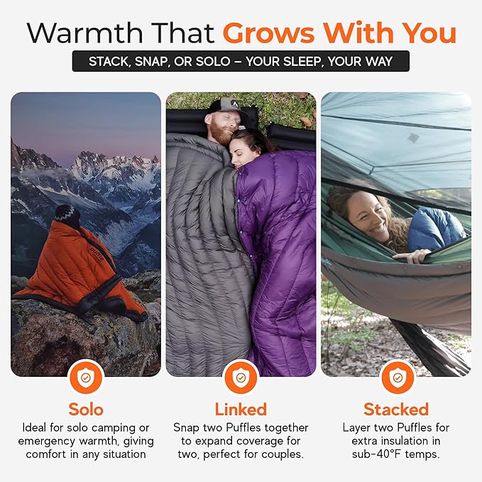 Sierra Madre Puffle 40 °F 5‑in‑1 Camping Quilt – Ultra-Soft Outdoor Blanket Sleeping Bag Under/Top Quilt Poncho | Linkable Compact Adventure Gear