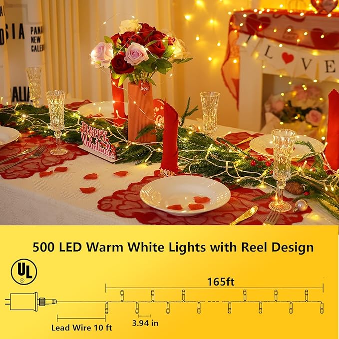 YEGUO 165ft 500 LED Christmas Lights Outdoor Waterproof Clear Wire String Lights Indoor Plug in 8 Modes Fairy Light for Christams Party Wedding Tree(Warm White)