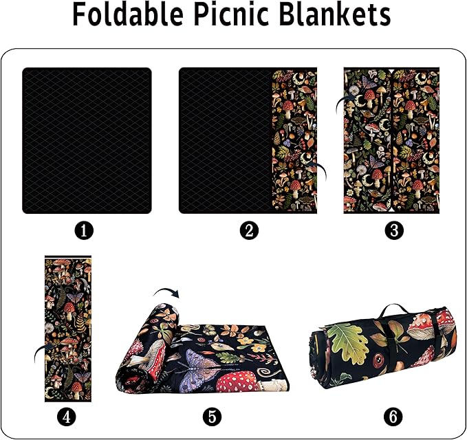 Extra Large Picnic Blankets Waterproof Foldable (60x 80) Mushroom Beach Blanket Waterproof Sandproof3-Layer Thicking Mat Outdoor Packable Camping Blanket