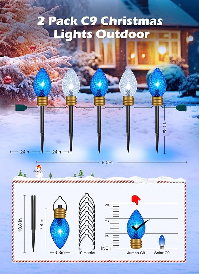 Moonflor Strawberry Jumbo C9 Christmas Pathway Lights Outdoor - 2Pack Total 17FT 10 LED C9 Walkway Light Christma Decoration OutsideChristmas Lights Outdoor for Lawn Yard Holiday Blue &amp Pure Wh