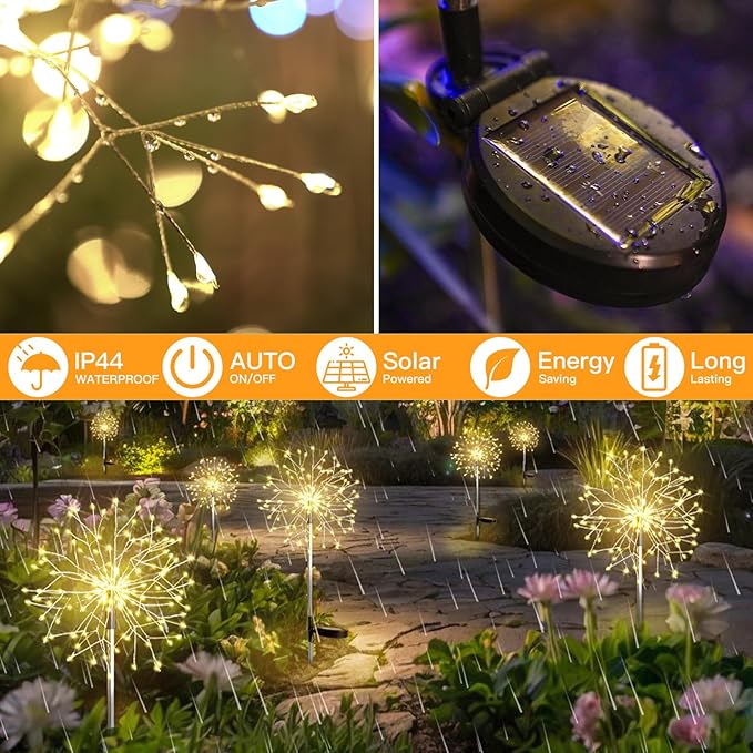 suddus Solar Garden Lights Outdoor Waterproof Decorative 2Pack 150LED Firework Lights Solar Fairy Lights for Yard Garden Party Patio Pathway Flowerbed - Warm White