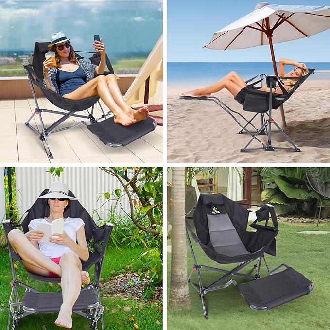 Nice C Hammock Camping Chair with Footreat Swinging Camping Chair Rocker High Back Chairs with Stand Cup Holder Side Pocket Heavy Duty (1 Pack Black)