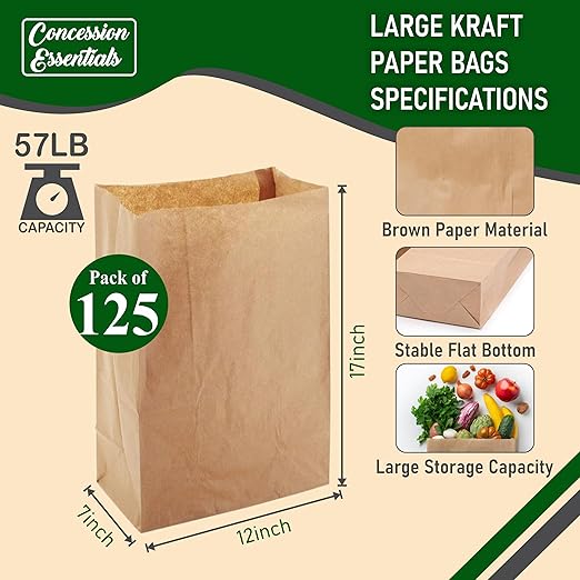 Concession Essentials Paper Grocery Bags 12x7x17 inches 57lb Kraft Brown 125 Count