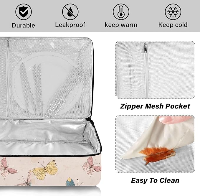 Casserole Carrier Hand-drawn Beautiful Cute ButterflyInsulated Casserole Carrier for Hot or Cold Food Thermal Lunch Tote for Potluck Parties Picnic Beach Fits 9 x 13 Inches Baking Dish