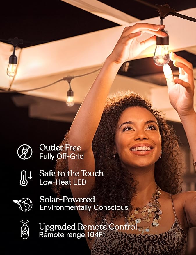 Brightech Ambience Pro Super Bright Solar - 27Ft Remote Control Outdoor String Lights Shatterproof S14 Edison Bulbs Commercial Grade LED Waterproof Patio Lights for Deck 4W Soft White 12 Bulbs
