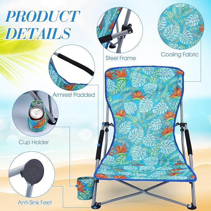 Karenhi 2 Pack Beach Chair Foldable Reclining Portable Lightweight Chair for Adults Camping Concert Lawn Sand Outdoor(Palm Leaves)