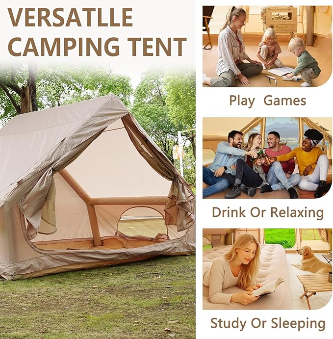 4-6 Person Inflatable Camping Tent with Pump - 4 Season Waterproof Glamping Tent 410D Oxford Fabric with 12 Mesh Windows Easy 5-Minute Setup for Family Outdoor Adventures