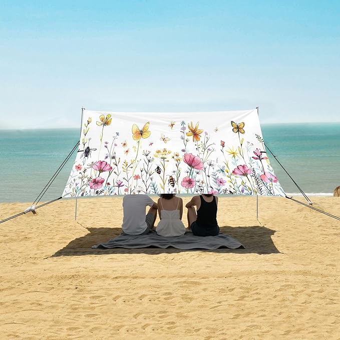 Colorful Botanical Beach Tent Sun Shelter 9.2' x 10.5' Beach Canopy with 4 Sandbags 4 Stability Poles Sand Shovels - Tent Canopy for Beach Camping Fishing Picnics