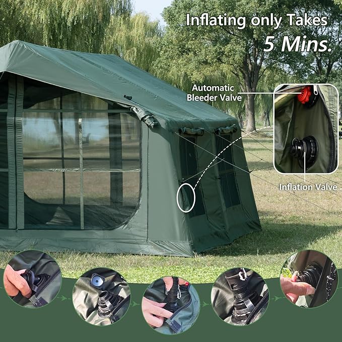 Inflatable Camping Tent with Hand Pump Waterproof Outdoor Blow up Tent 2-8 Person Oxford 4 Season Glamping Air Tent Cabin House with Mesh Windows &amp Door